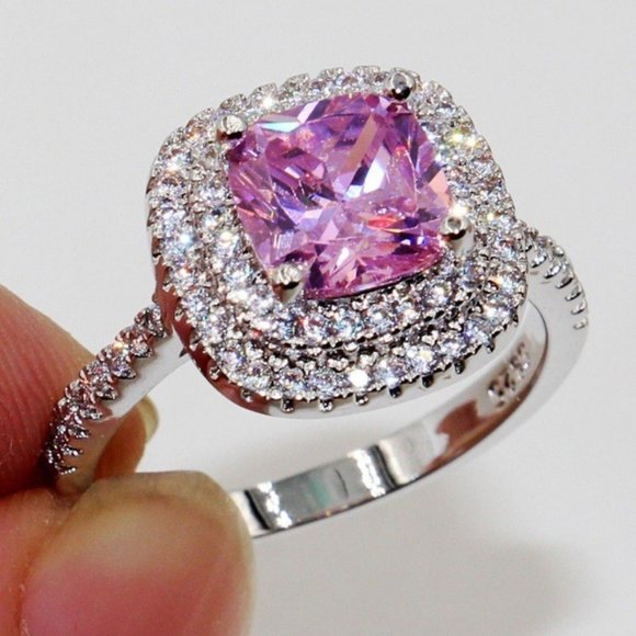 Jewelry - NEW Silver Pink Sapphire Double Halo Diamond Ring